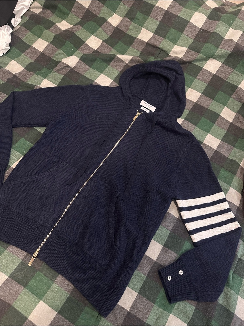 Thom Browne Navy Zip-Up Hoodie with White Sleeve Stripes
